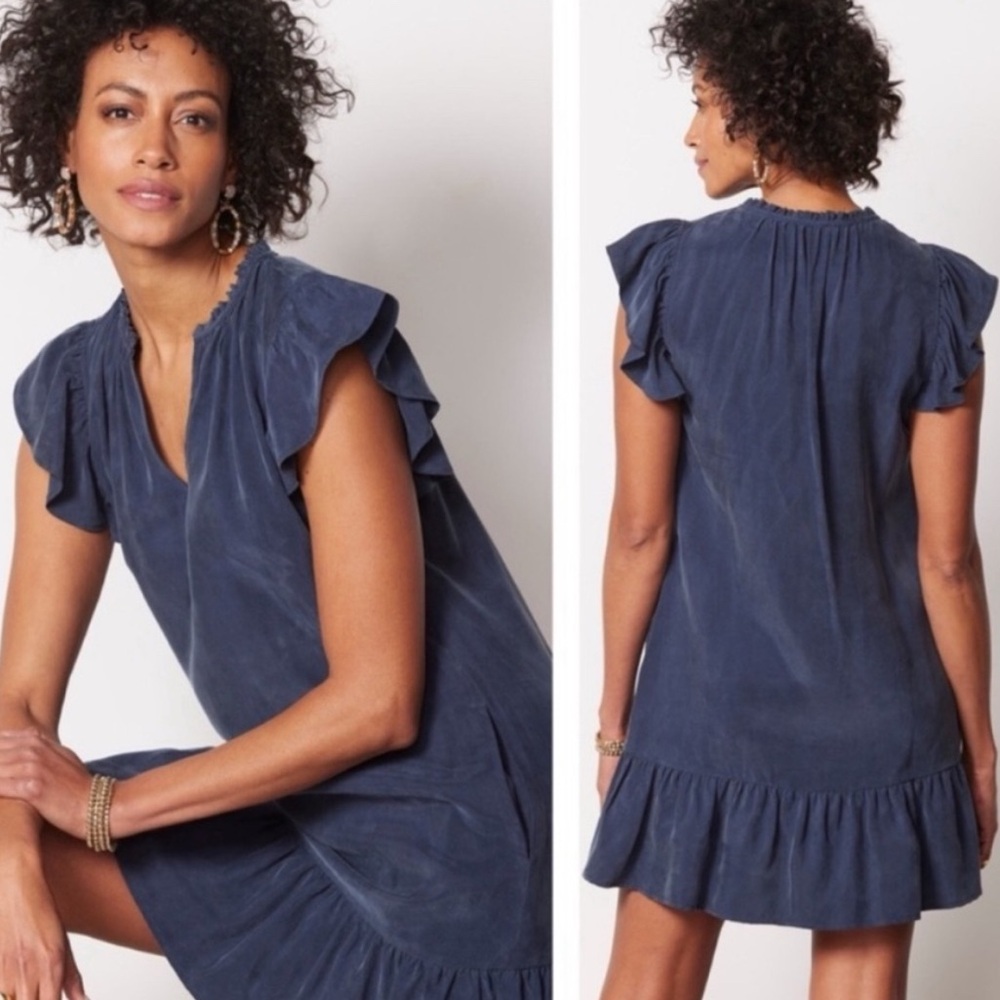 Evereve Split Neck Flutter Sleeve Dress Navy M